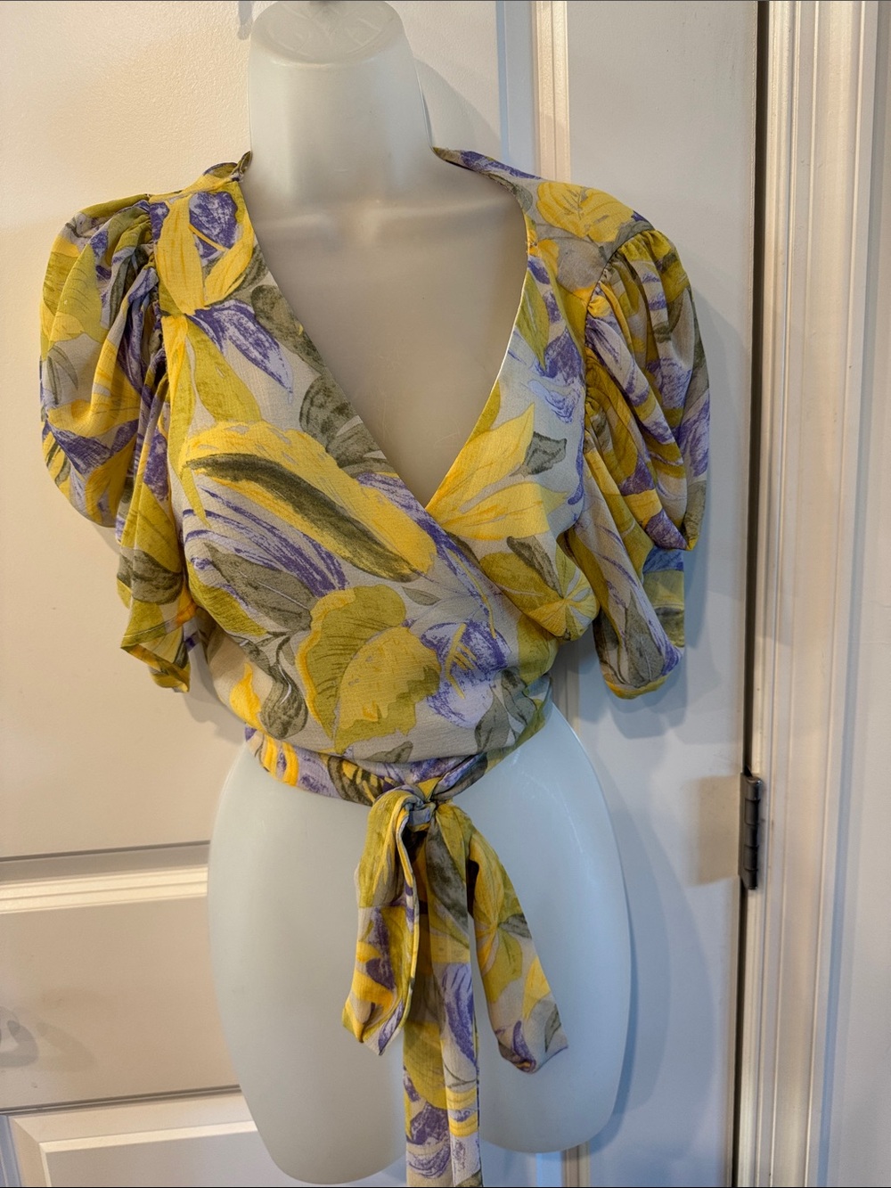 Tie-Front Floral Wrap Blouse in Yellow & Purple